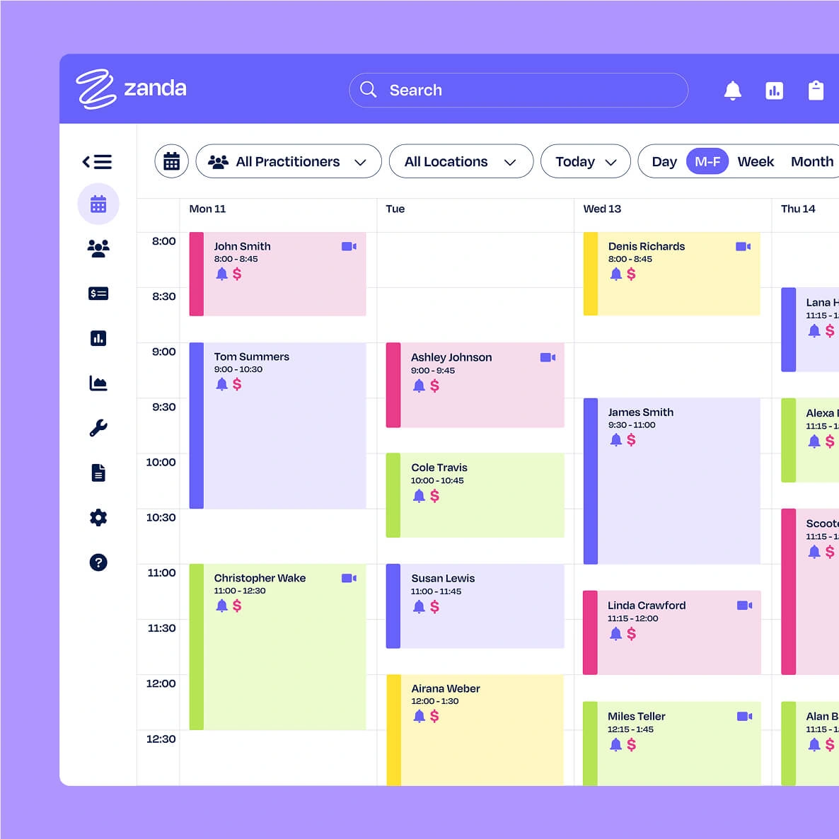 Zanda calendar management view showing appointments across multiple practitioners